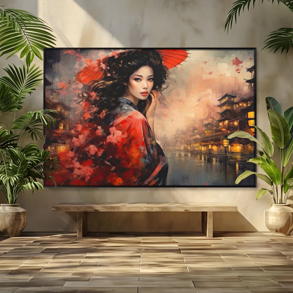 Tablou canvas cu tablou canvas cu gheisa in kyoto, in rama de aluminiu negru